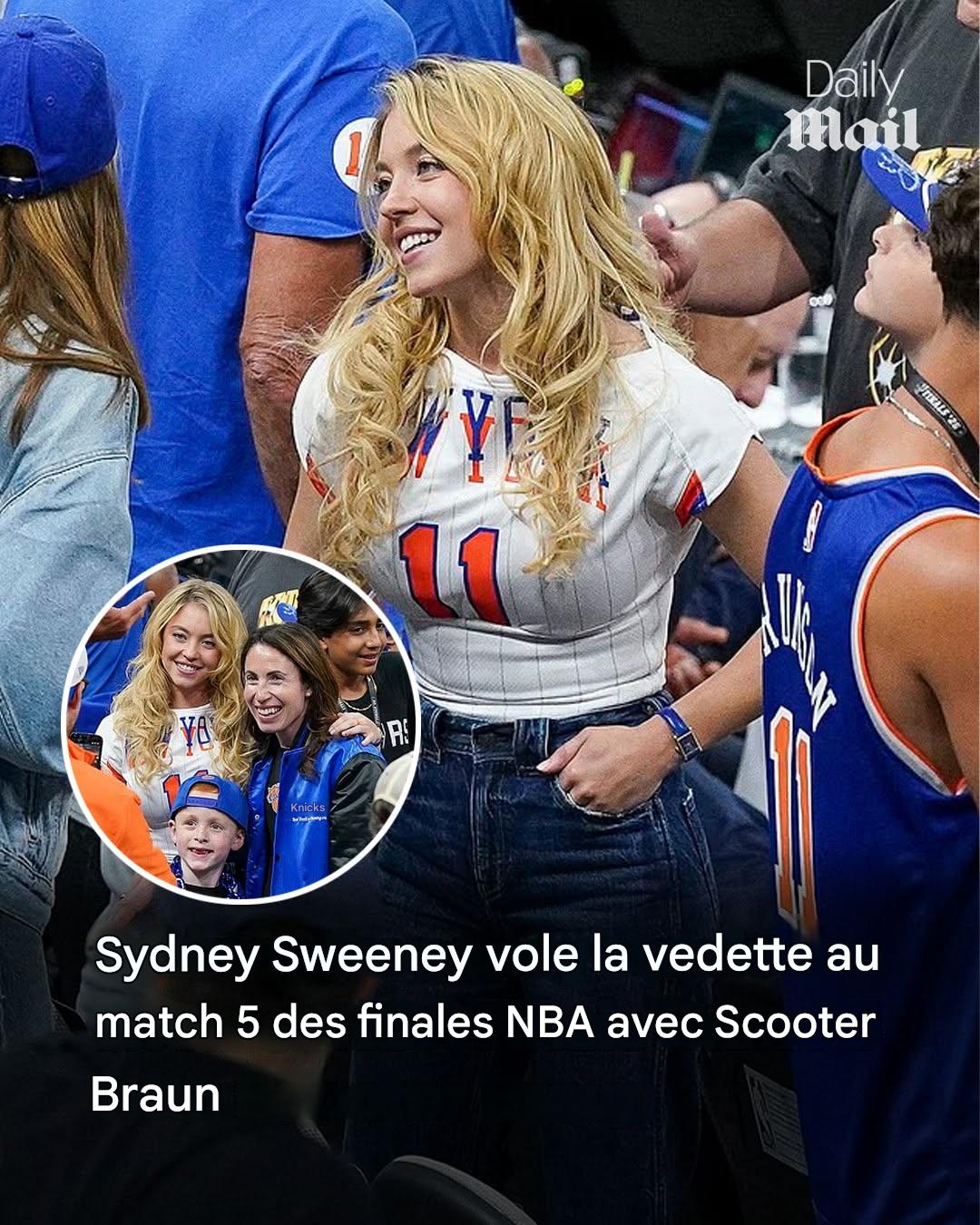 Sydney Sweeney vole la vedette lors du match 5 des finales NBA avec Scooter Braun après une rencontre embarrassante avec Taylor Swift… tandis que Timothée Chalamet et d’autres stars encouragent les Knicks à San Antonio.