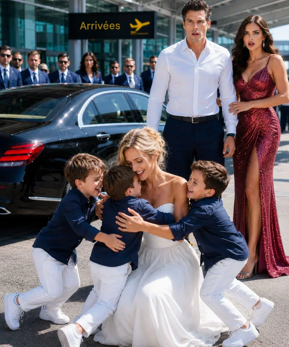 Mon ex-mari milliardaire s’est assis à côté de moi dans un avion juste pour me draguer — jusqu’à ce que trois petits garçons sortent d’une Bentley et courent vers moi en criant : « Maman ! »