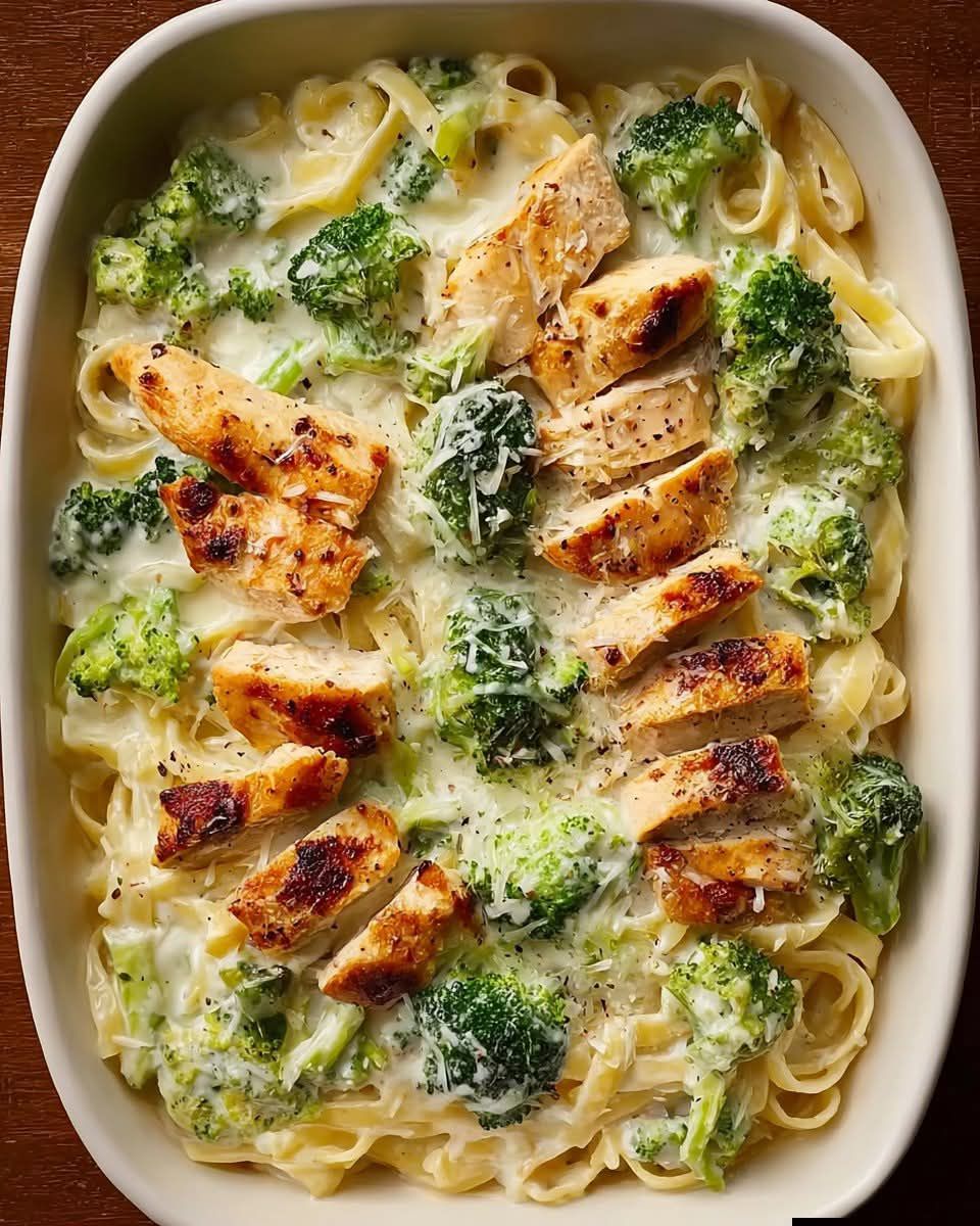 Gratin de pâtes Alfredo au poulet grillé et brocoli