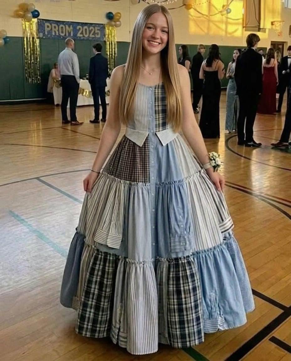J’ai cousu une robe avec les chemises de mon père pour le bal de promo en son honneur – mes camarades ont ri jusqu’à ce que le proviseur prenne le micro et que le silence se fasse dans la salle.